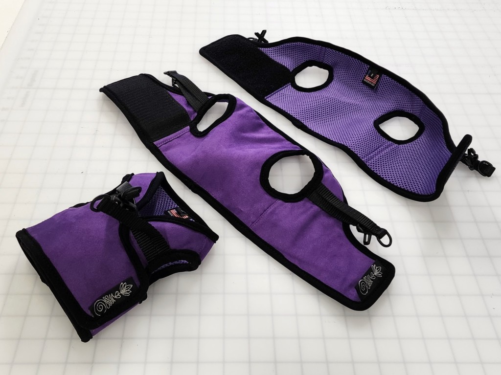 Custom fitted dog harnesses in purple