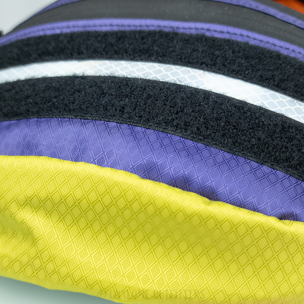 Retro Sling Bag Close-up Purple and Olive Yellow